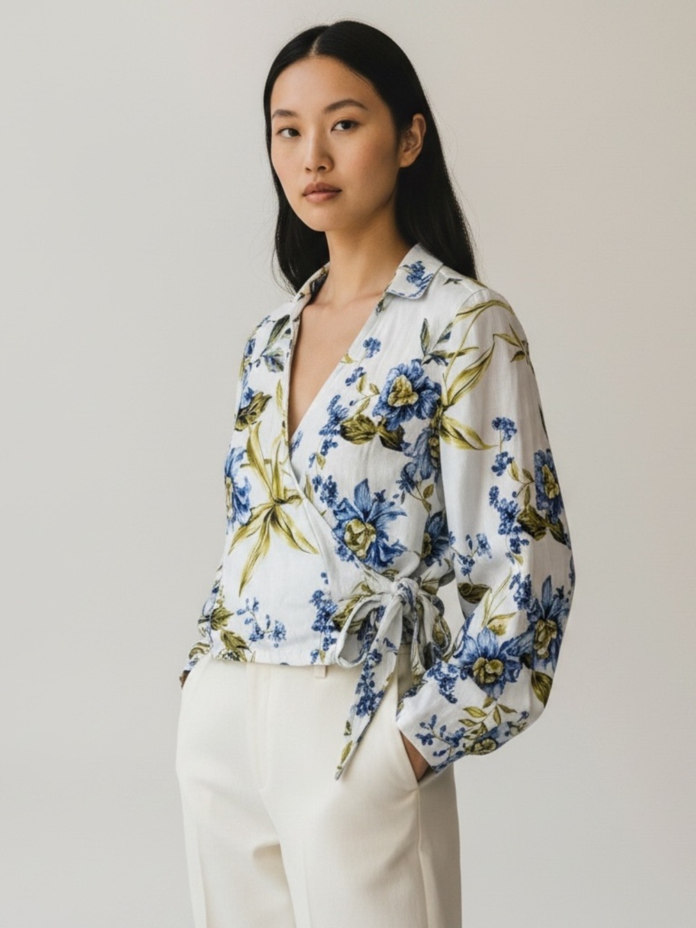 Joie Linen Floral Wrap Blouse in White and Blue
